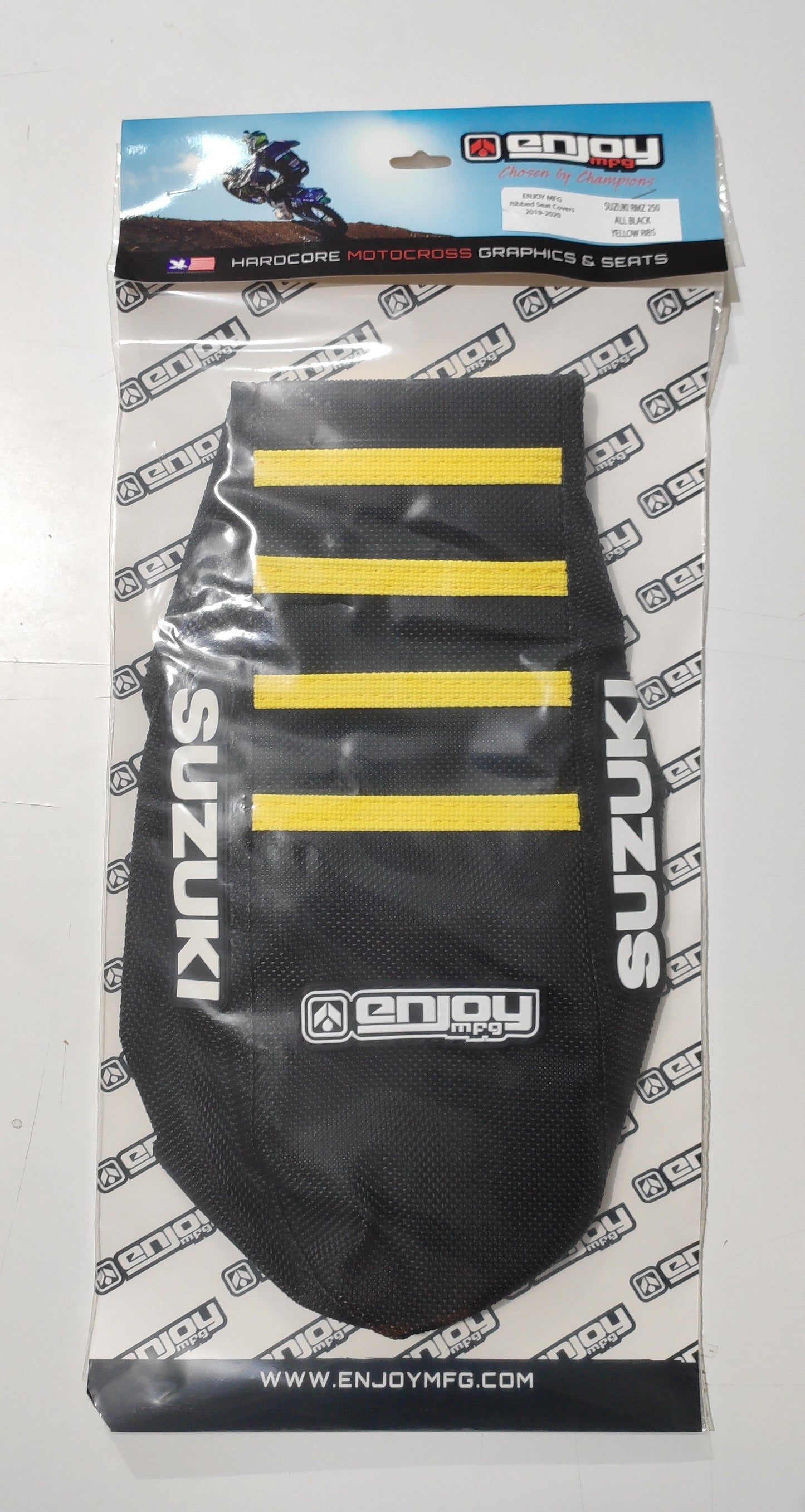 Enjoy Manufacturing Suzuki Seat Cover RM 85 2002 - 2022 Ribbed Logo, Black / Yellow