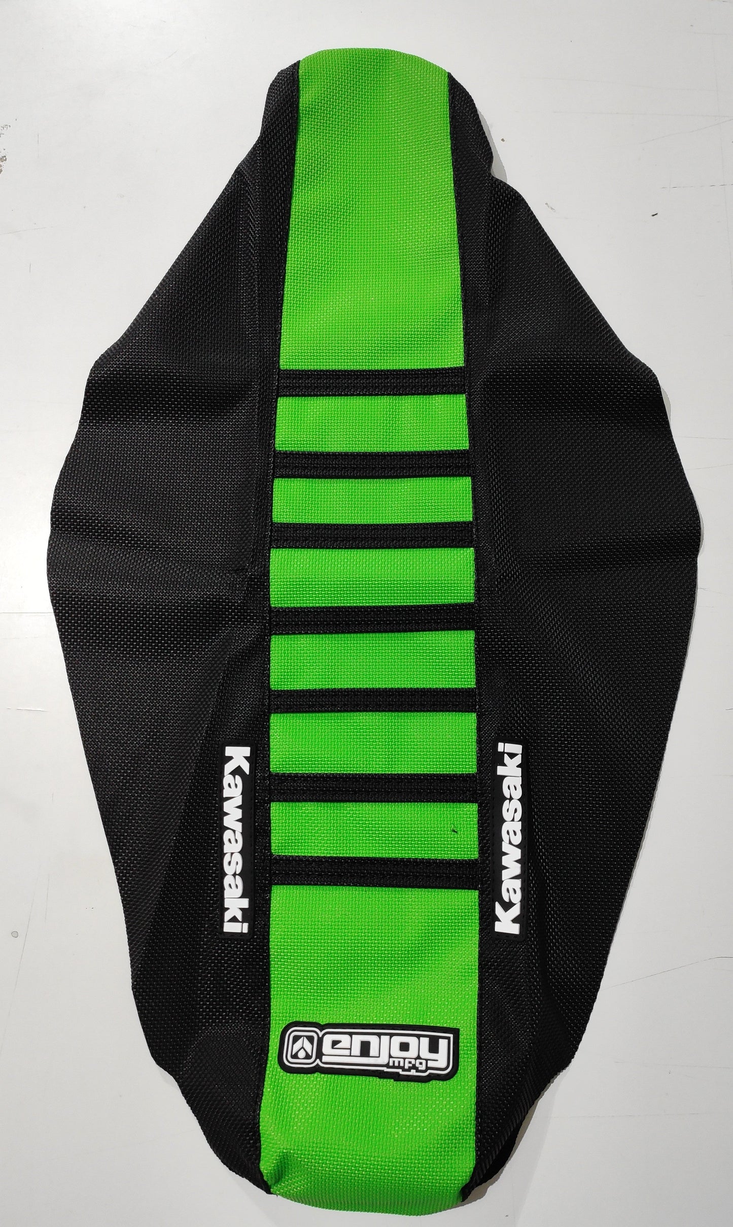 Enjoy Manufacturing Kawasaki Seat Cover KXF 250 2009 - 2012 KXF 450 09 - 2011 Ribbed Logo, Black / Green / Black