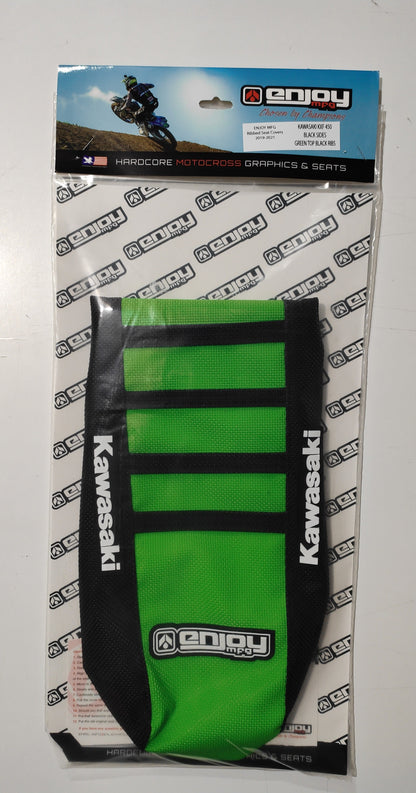 Enjoy Manufacturing Kawasaki Seat Cover KXF 250 2009 - 2012 KXF 450 09 - 2011 Ribbed Logo, Black / Green / Black