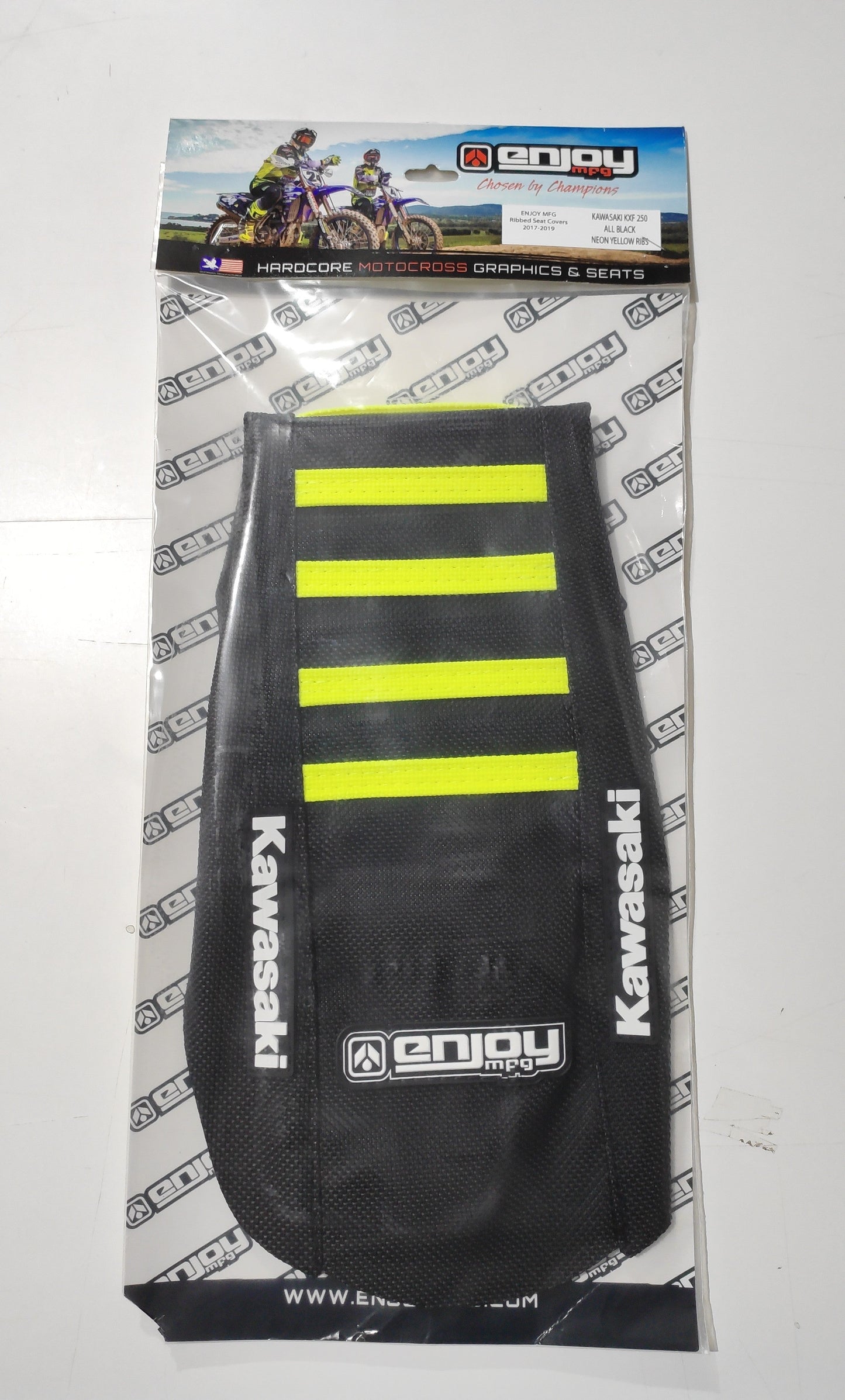 Enjoy Manufacturing Kawasaki Seat Cover KXF 250 2017 - 2020 Ribbed Logo, Black / Neon