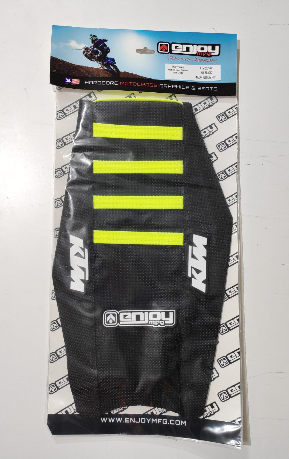 Enjoy Manufacturing KTM Seat Cover SX SXF 2011 - 2015 SX 250 11 - 2016 EXC EXCF 2012 - 16 Ribbed Logo, Black / Neon