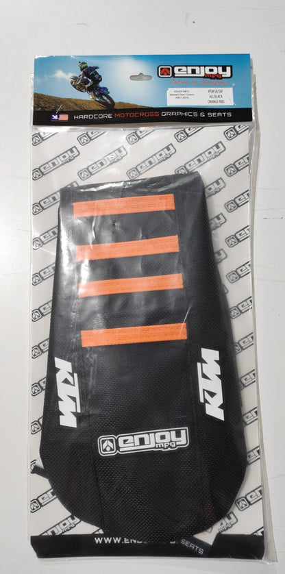 Enjoy Manufacturing KTM Seat Cover SX SXF 2007 - 2010 EXC EXCF 2008 - 2011 Ribbed Logo, Black / Orange