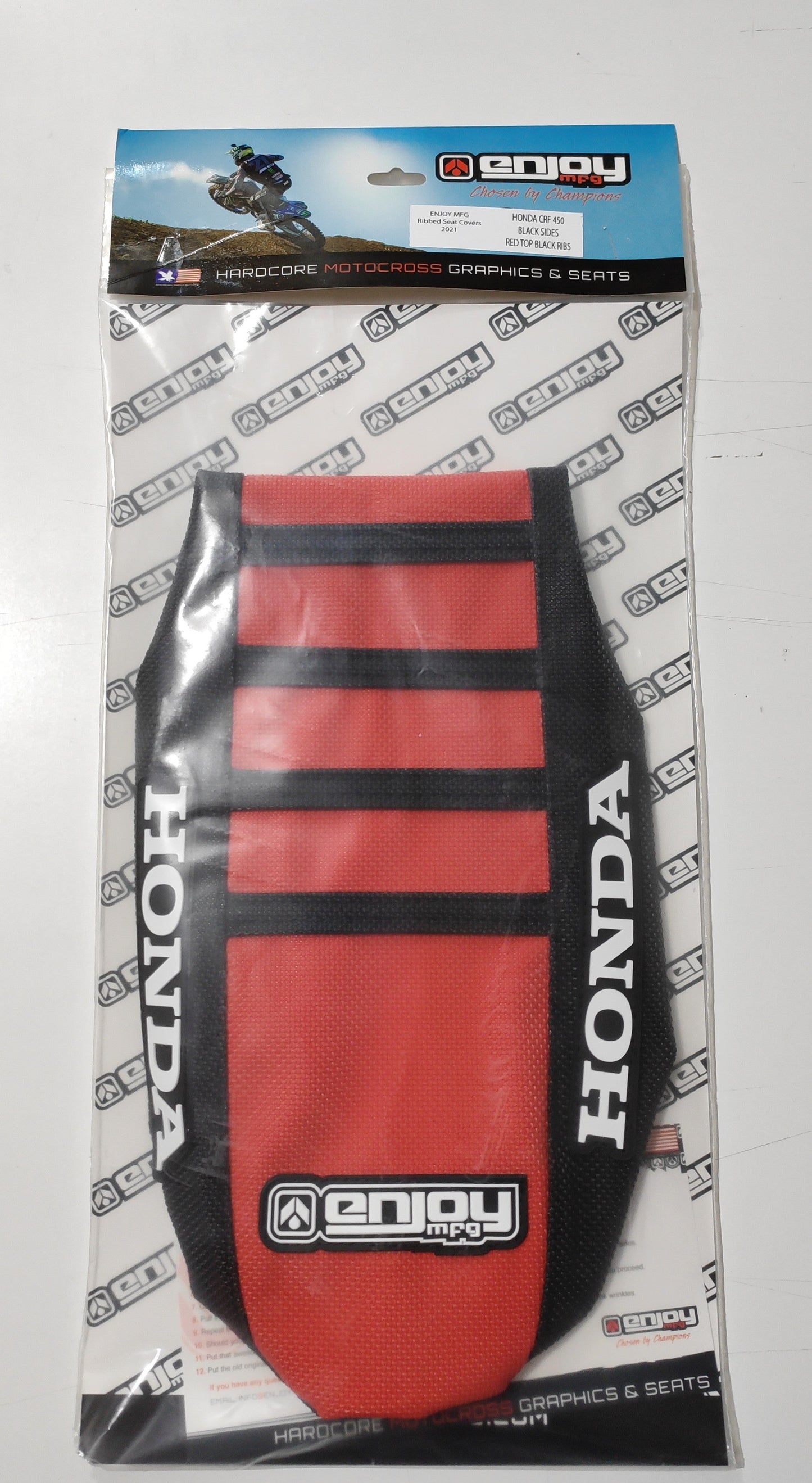 Enjoy Manufacturing Honda Seat Cover CR 125 CR 250 2000 - 2001 Ribbed Logo, Black / Red / Black