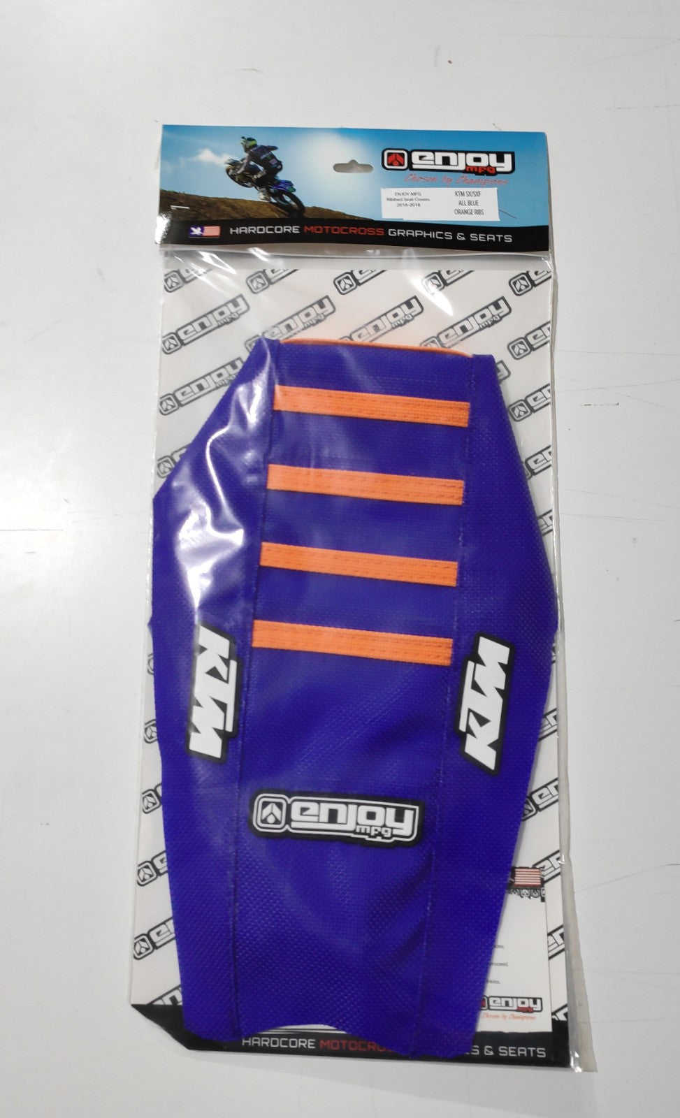 Enjoy Manufacturing KTM Seat Cover SX 50 2016 - 2023 Ribbed Logo, Blue / Orange