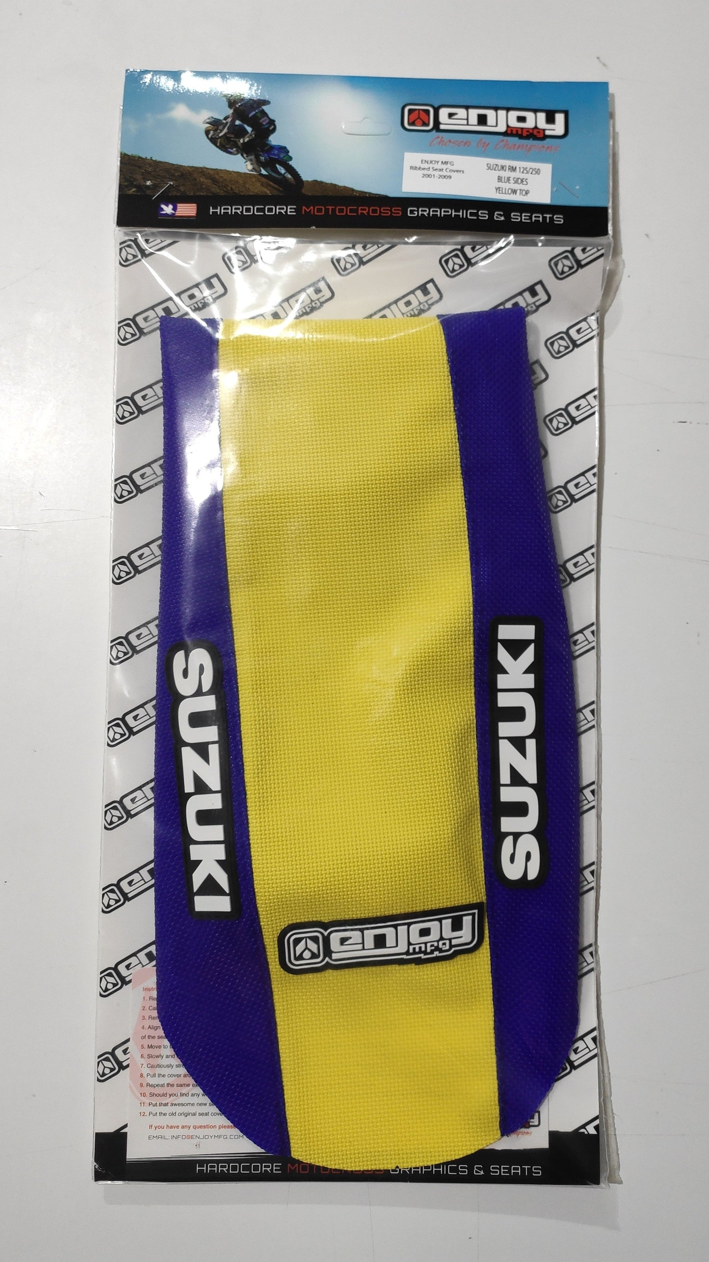 Enjoy Manufacturing Suzuki Seat Cover RM 125 RM 250 2001 - 2008 STD Logo, Blue / Yellow