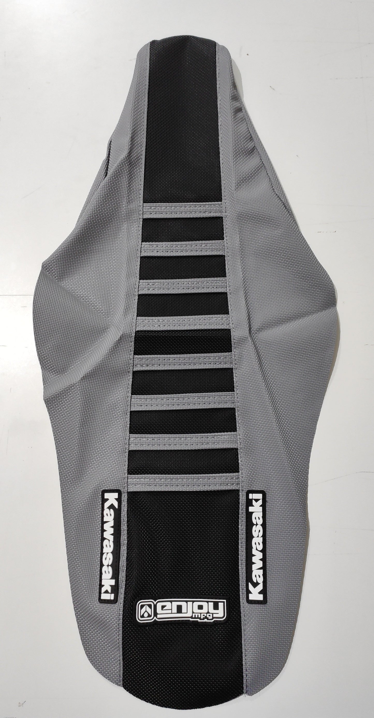 Enjoy Manufacturing Kawasaki Seat Cover KX 125 KX 250 2003 - 2008 Ribbed Logo, Grey / Black / Grey