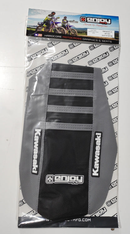 Enjoy Manufacturing Kawasaki Seat Cover KX 250 2021 - 2022 KX 450 2019 - 22 Ribbed Logo, Grey / Black / Grey