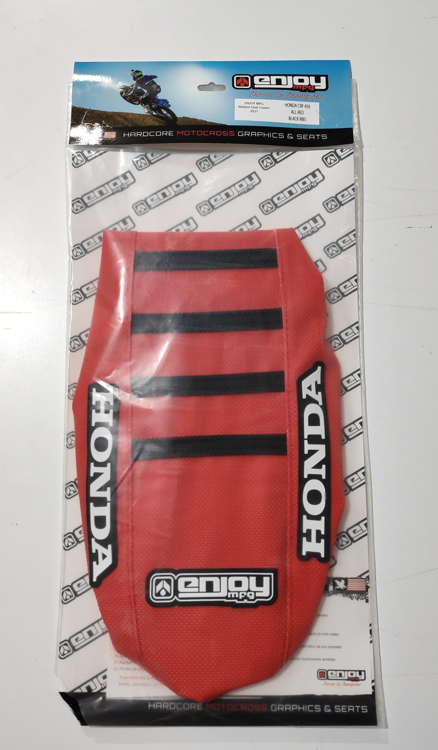 Enjoy Manufacturing Honda Seat Cover CR 125 1991 - 1992 CR 250 1990 - 91 CR 500 91 - 2001 Ribbed Logo, Red / Black