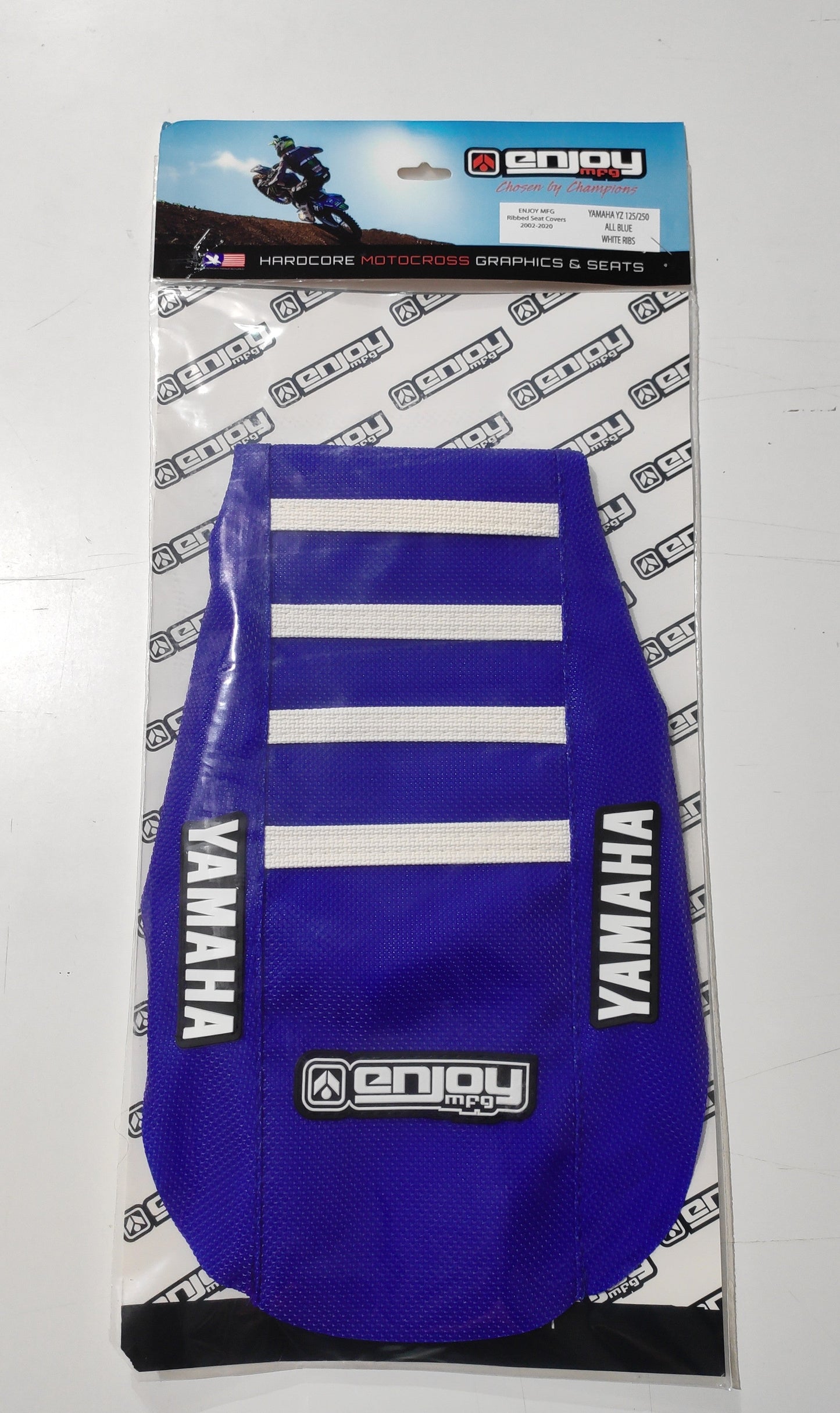 Enjoy Manufacturing Yamaha Seat Cover YZF 450 2010 - 2013 Ribbed Logo, Blue / White