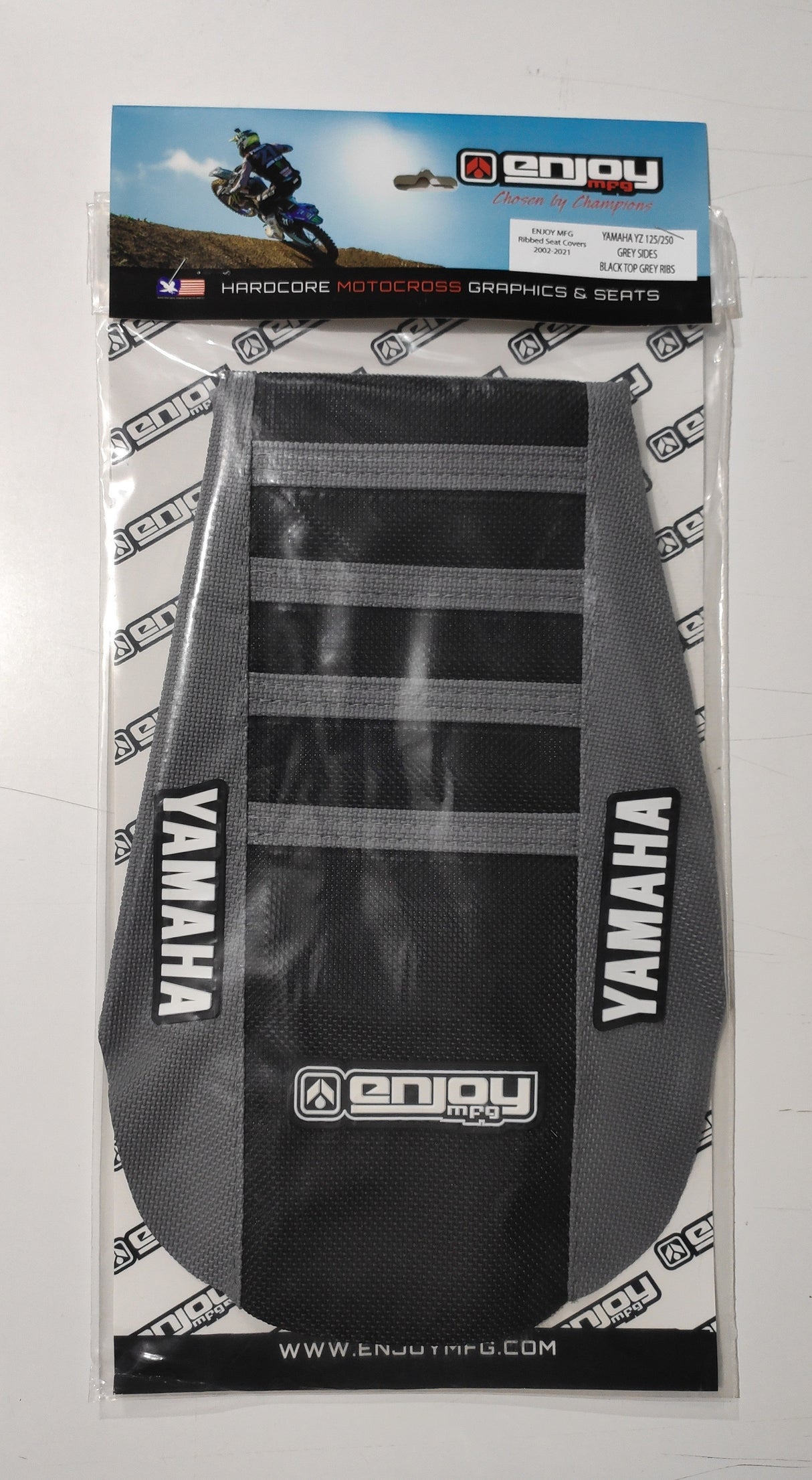 Enjoy Manufacturing Yamaha Seat Cover YZ 125 YZ 250 2002 - 2021 Ribbed Logo, Grey / Black / Grey