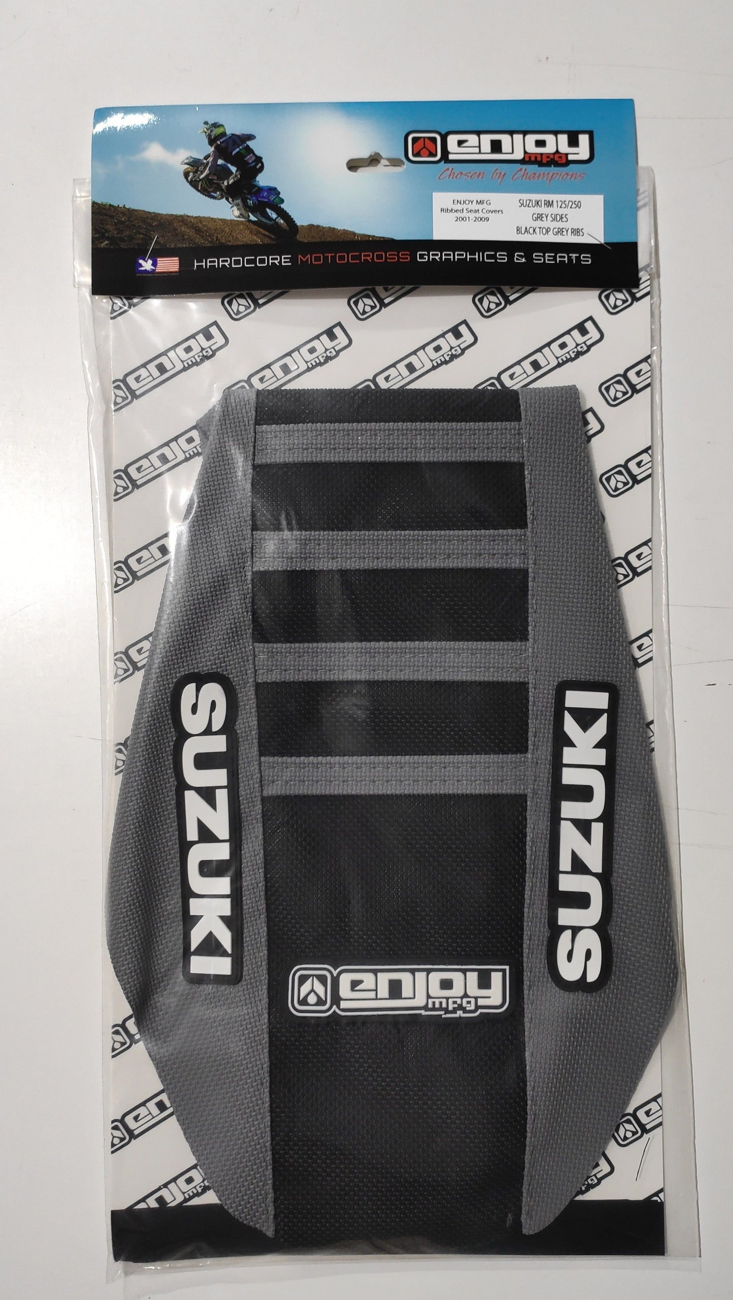 Enjoy Manufacturing Suzuki Seat Cover RM 125 RM 250 2001 - 2008 Ribbed Logo, Grey / Black / Grey